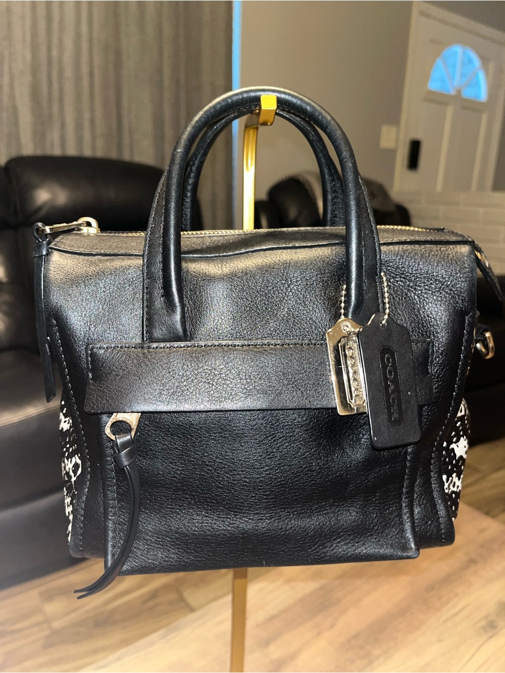 Coach Black Leather Satchel with Patterned Side Panels and Logo Tags